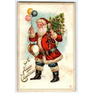 Antique Embossed Santa Claus Christmas Postcard – Santa with Balloons, Toys Tree